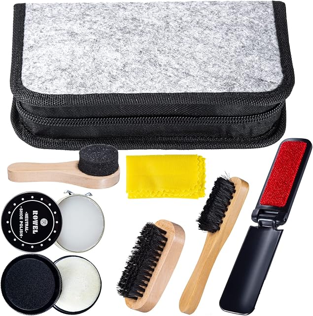 YUET Shoe Polish Kit Cleaning Shine Care Barrel Set For Brown Black Leather With Brush Travel Case Luxury Premium Soft Horsehair Bristle Dauber, Wooden Applicator, Shoehorn, Cloth 8 Piece