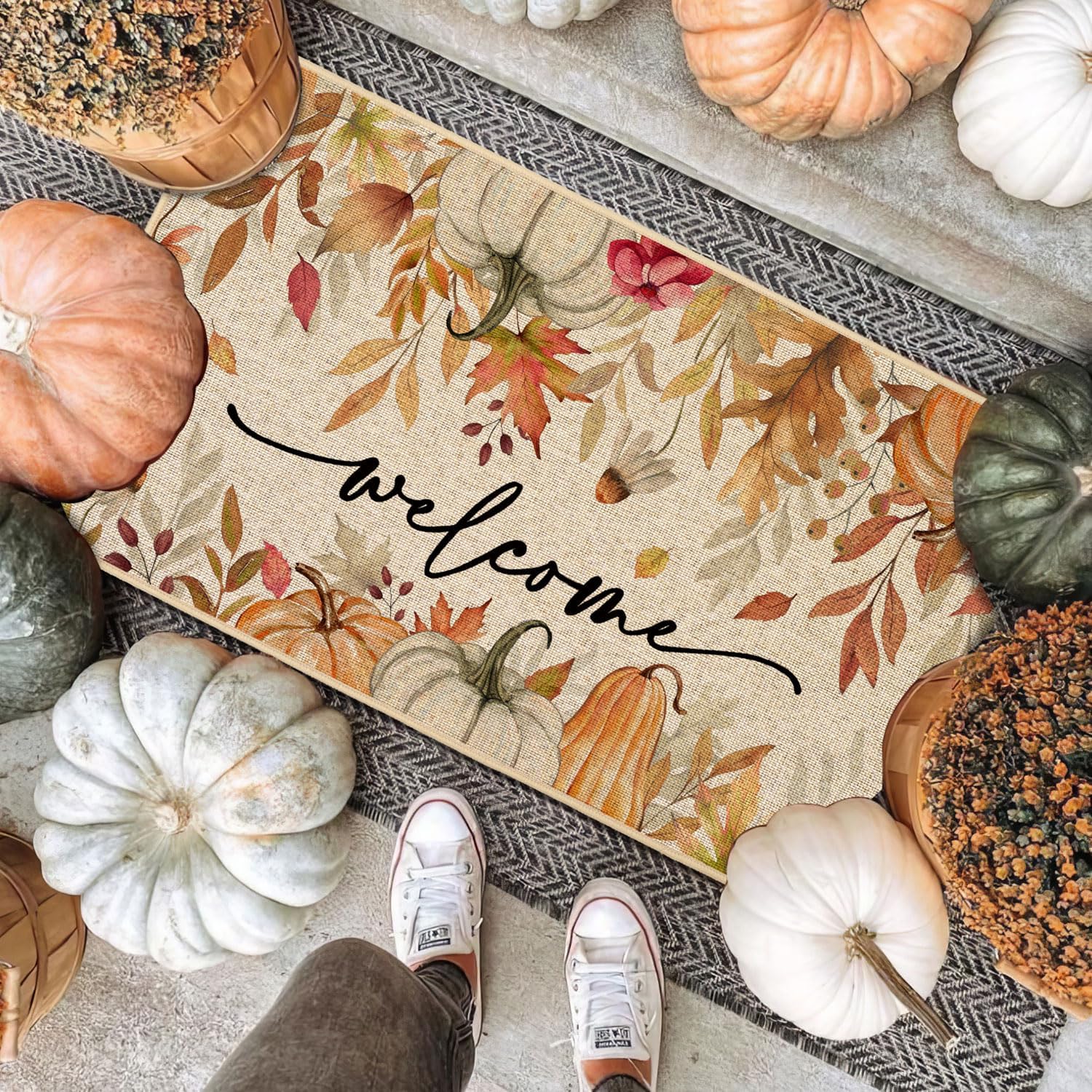 Baccessor Fall Pumpkins Leaf Doormat Indoor Outdoor Outside Autumn Thaksgiving Decorative Front Long Welcome Door Mat Non-Slip Rubber Backing Seasonal Kitchen Entrance Floor Decoration 17 x 36 Inch