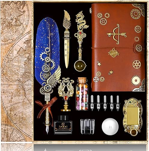 NC Juego de tinta de plumas, bolígrafo, cuaderno, 5 puntas reemplazables, tinta, soporte para bolígrafo, taza, sello, cuchara, cuentas de cera, cera