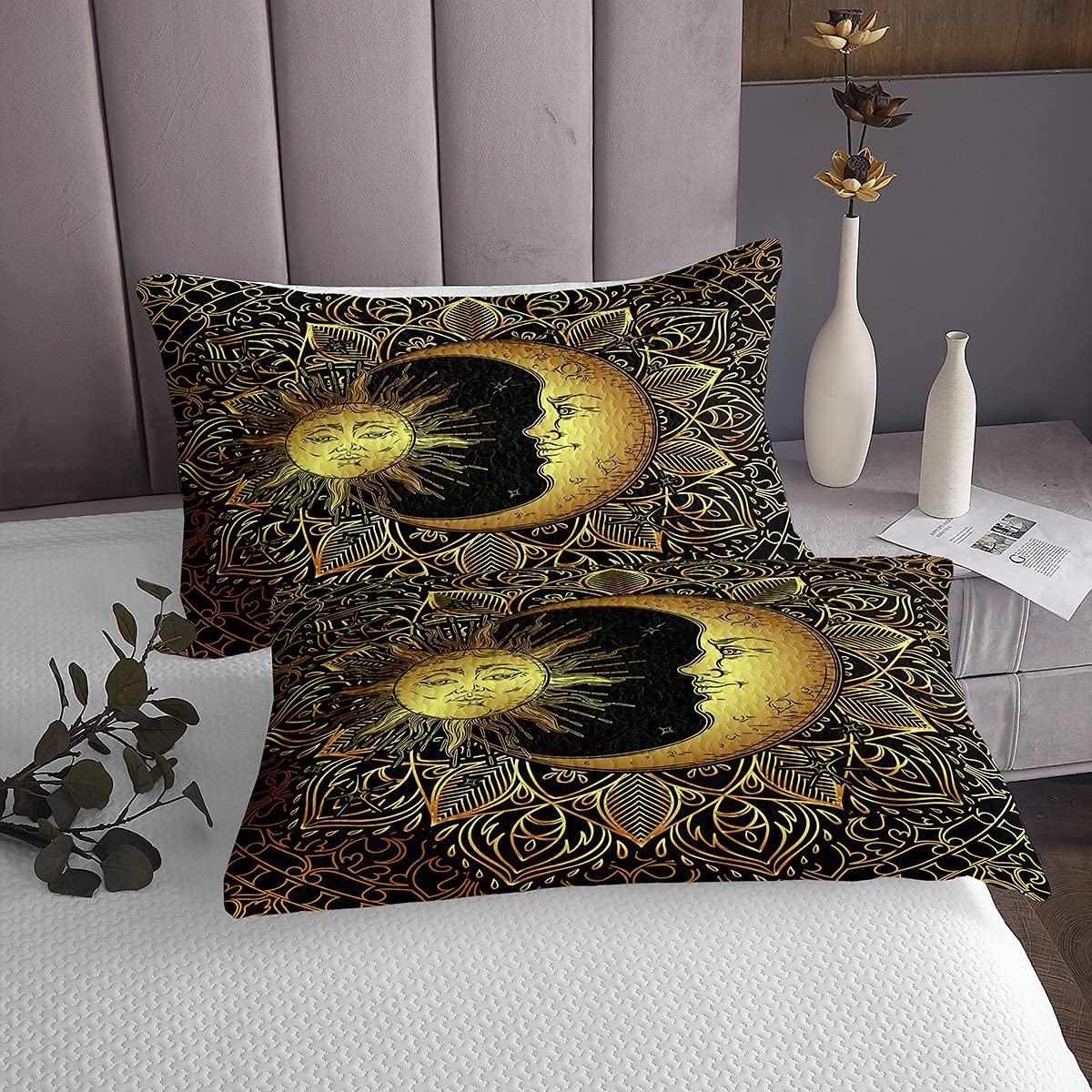 Böhmische Tagesdecke 240x260 3D Golden Sonne Und Mond Bedrucktes Bettwäscheset Für Kinder Teenager Erwachsene Mandala Gesteppte Bettdecke Traumfänger Bettdecke Set, Trippy Boho Hippie Dekor, Schwarz