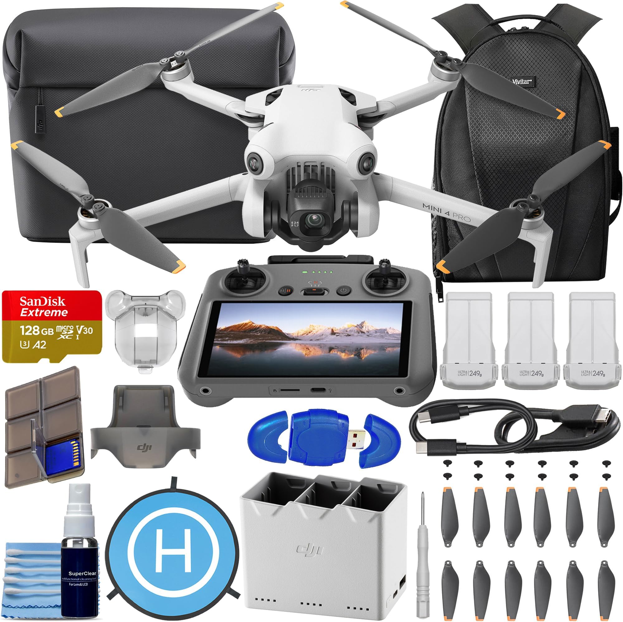 Mini 4 Pro Fly More Combo with DJI RC 2 (Screen Remote Controller), CP.MA.00000735.01 Folding Drone with 4K Video, Under 249g, 34 Mins Flight Time, Vision Sensing + 128GB Card, CPS 2 Year Warranty + Pilot Kit