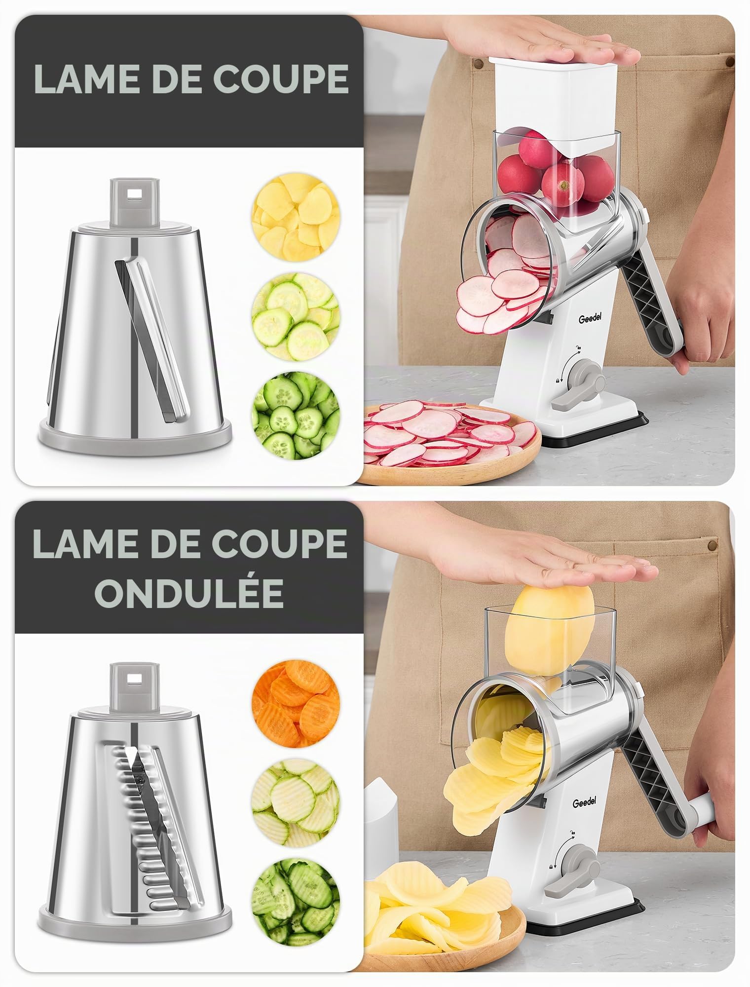 Geedel Rape a Fromage, Rapeuse Legume Multifonctionnelle avec 4 Lames Remplaçables, Rape Fromage avec Poignée, Decoupe Legumes Coupe Rapide, Facile à Nettoyer, Couper Carotte Concombre Patate, Blanc