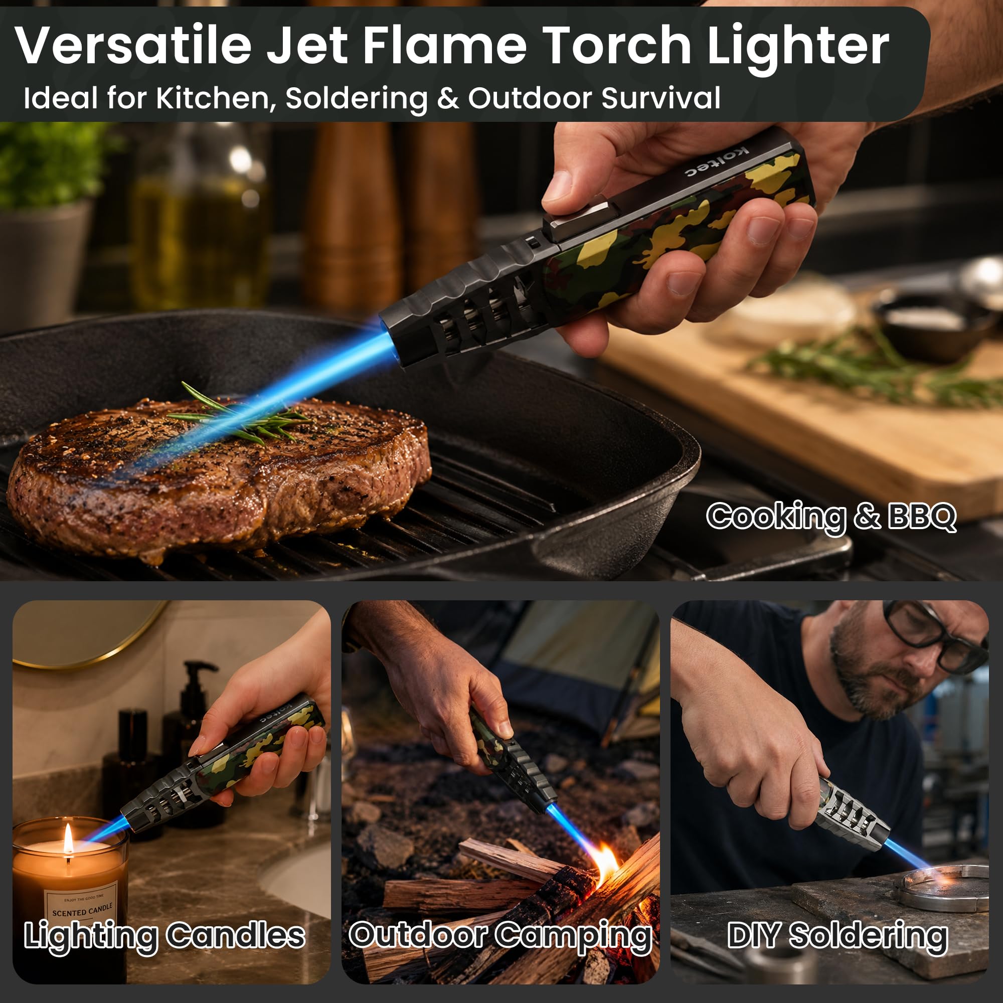Feuerzeug, Jet-Flamme Feuerfackel, Butangas für Fackel, Feuerzeug, für Kerzen, Camping, Grillen, Küche, Survival Tactical, Camping Gadgets (Butan nicht im Lieferumfang enthalten)