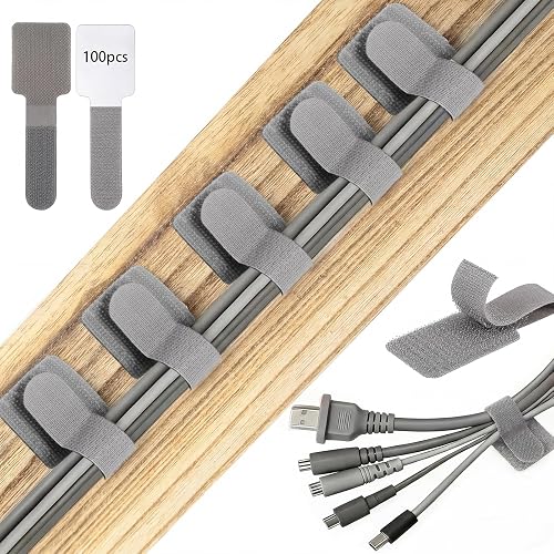 100 Pcs Hook and Loop Cable Ties, Self Adhesive Cable Management Under Desk Cable Straps, Adjustable Cord Organizer for Desk Home Office Organization (Grey)