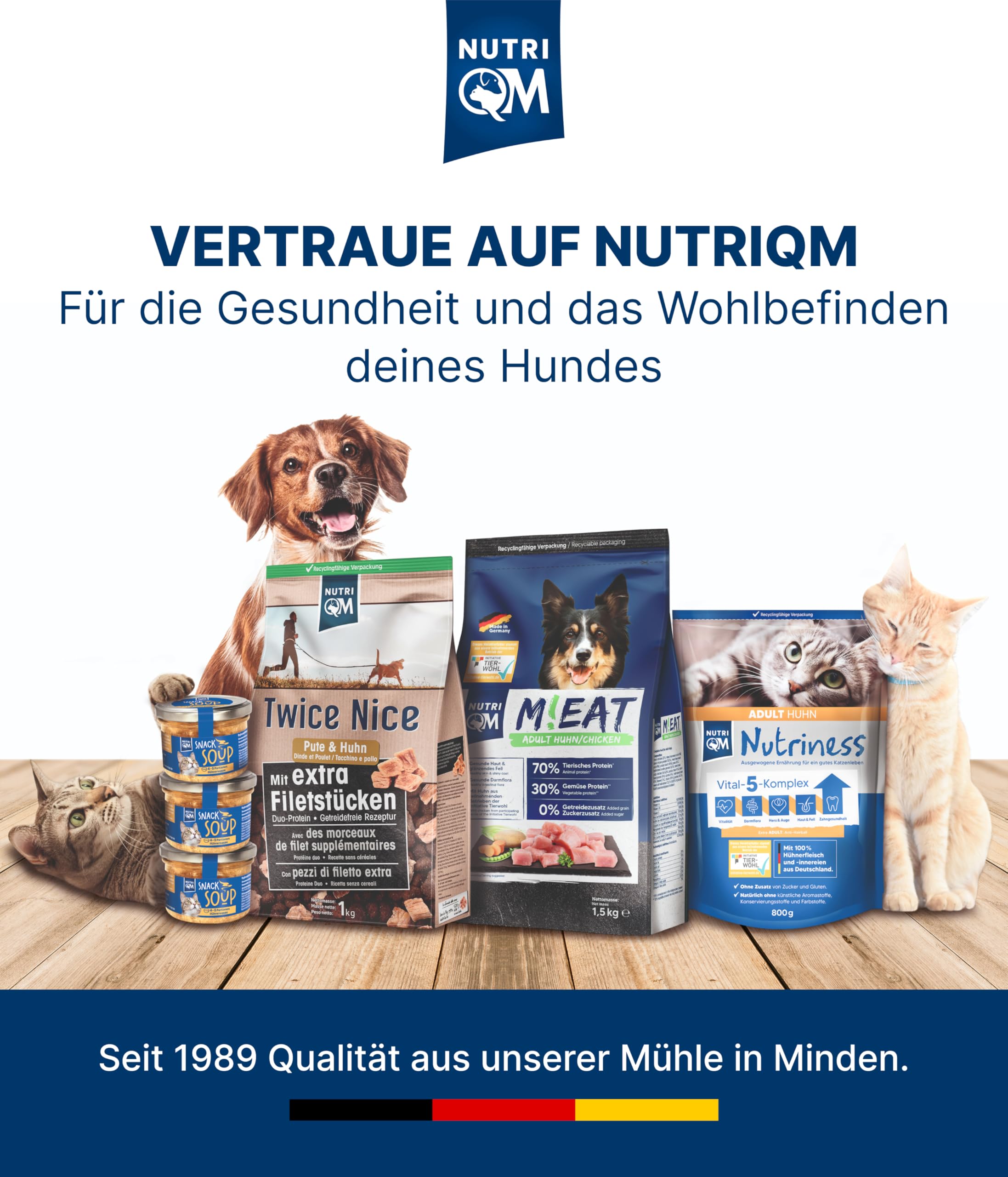 NutriQM® Twice Nice Junior Huhn | 2 x 4 kg | Getreidefreies Welpenfutter mit Filetstücken & Kolostrum | Junior Trockenfutter Hund bis 12 Monate | Duo-Protein & Leicht verdaulich | Made in Germany