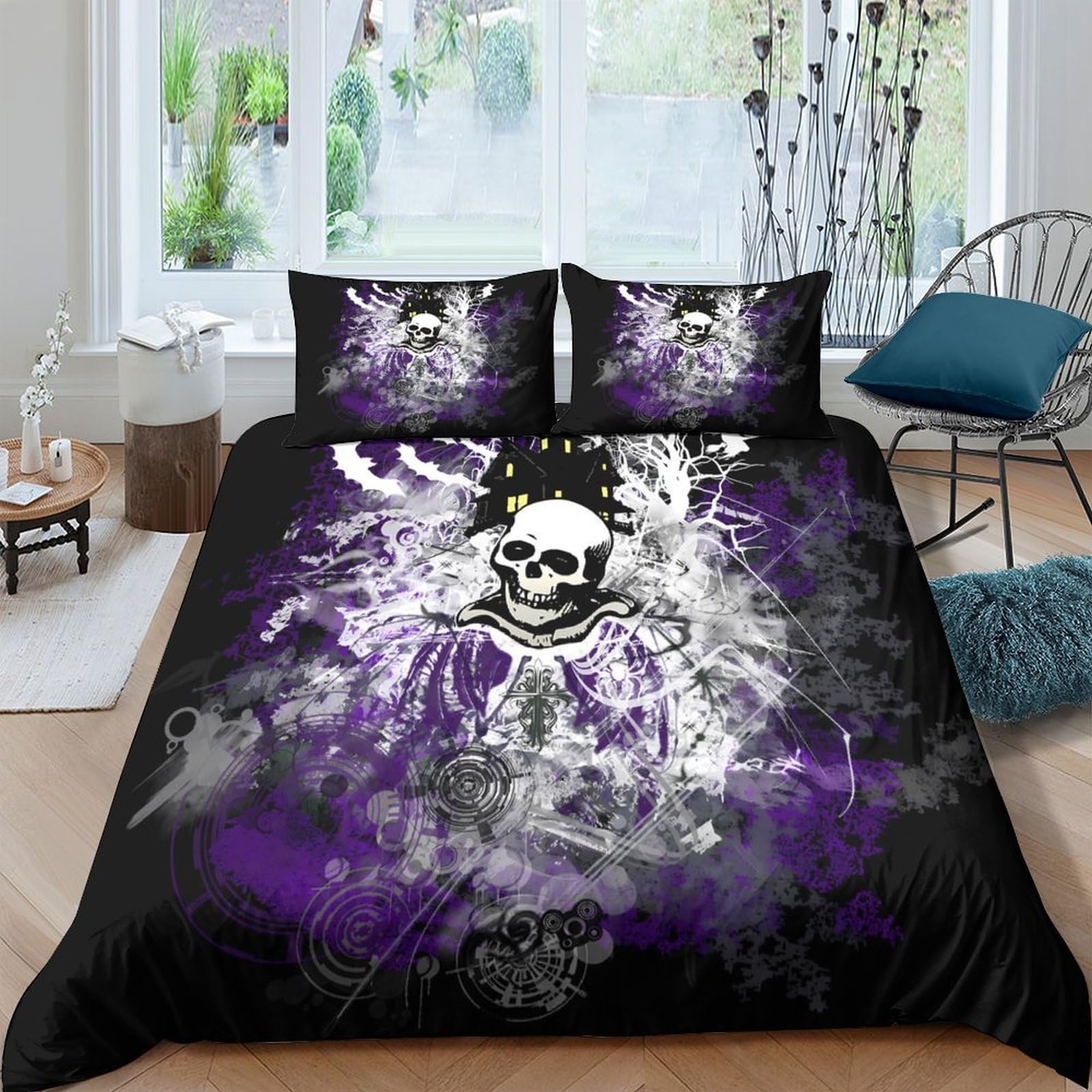 Ctjqhvkz Style-9 3D Printed Gothic Skull Fitted Sheet Microfiber Purple Smoke Mattress Cover For Bedroom Guest Room Home Decor Single（135X200cm）