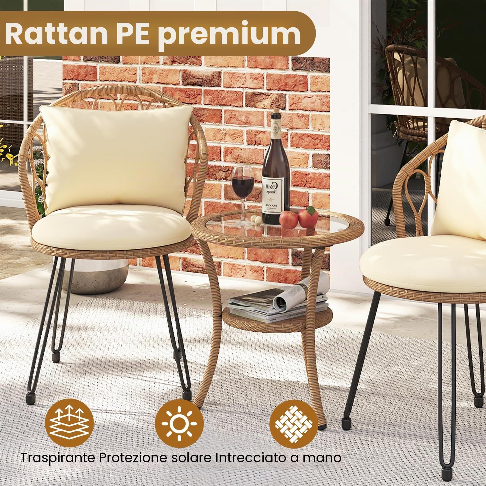 LIFEZEAL Set di 3 pezzi con tavolo in vetro temperato, cuscini per seduta e schienale, mobili da esterno per balcone, terrazza (55,5 x 57 x 81 cm)