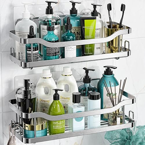 OMAIRA Organizador de ducha plateado, paquete de 2 organizadores de ducha adhesivos, sin perforación, estantes de ducha de acero inoxidable para