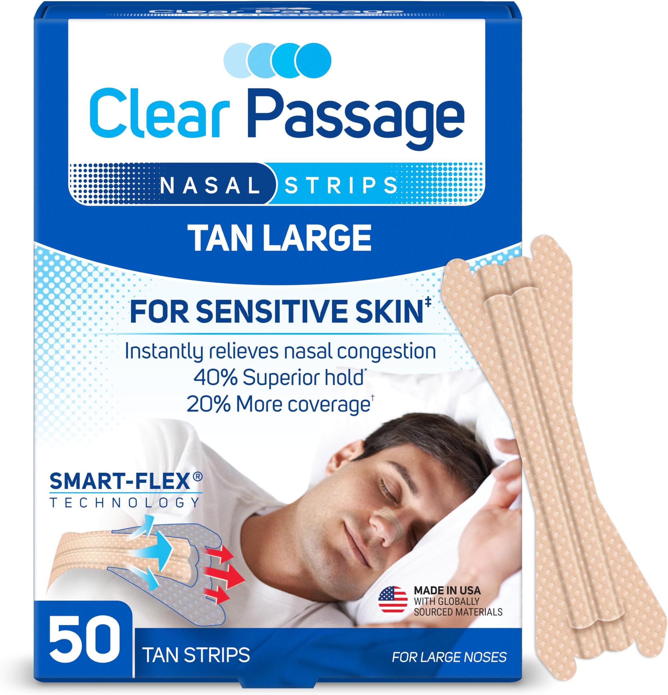 Clear Passage Nasal Strips Large, Tan, 50 ct | Works Instantly to Improve Sleep, Reduce Snoring, & Relieve Nasal Congestion Due to Colds & Allergies