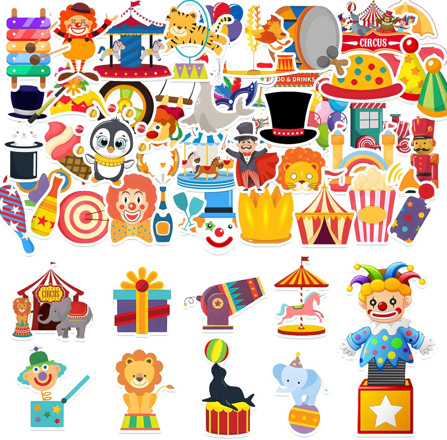 50pcs Circus Stickers Bulk Cartoon Clown Stickers for Kids Waterproof Water Bottle Sticker for Laptop Scrapbooking Circus Party Favors Scrapbook Cute Vinyl Stickers for Teens