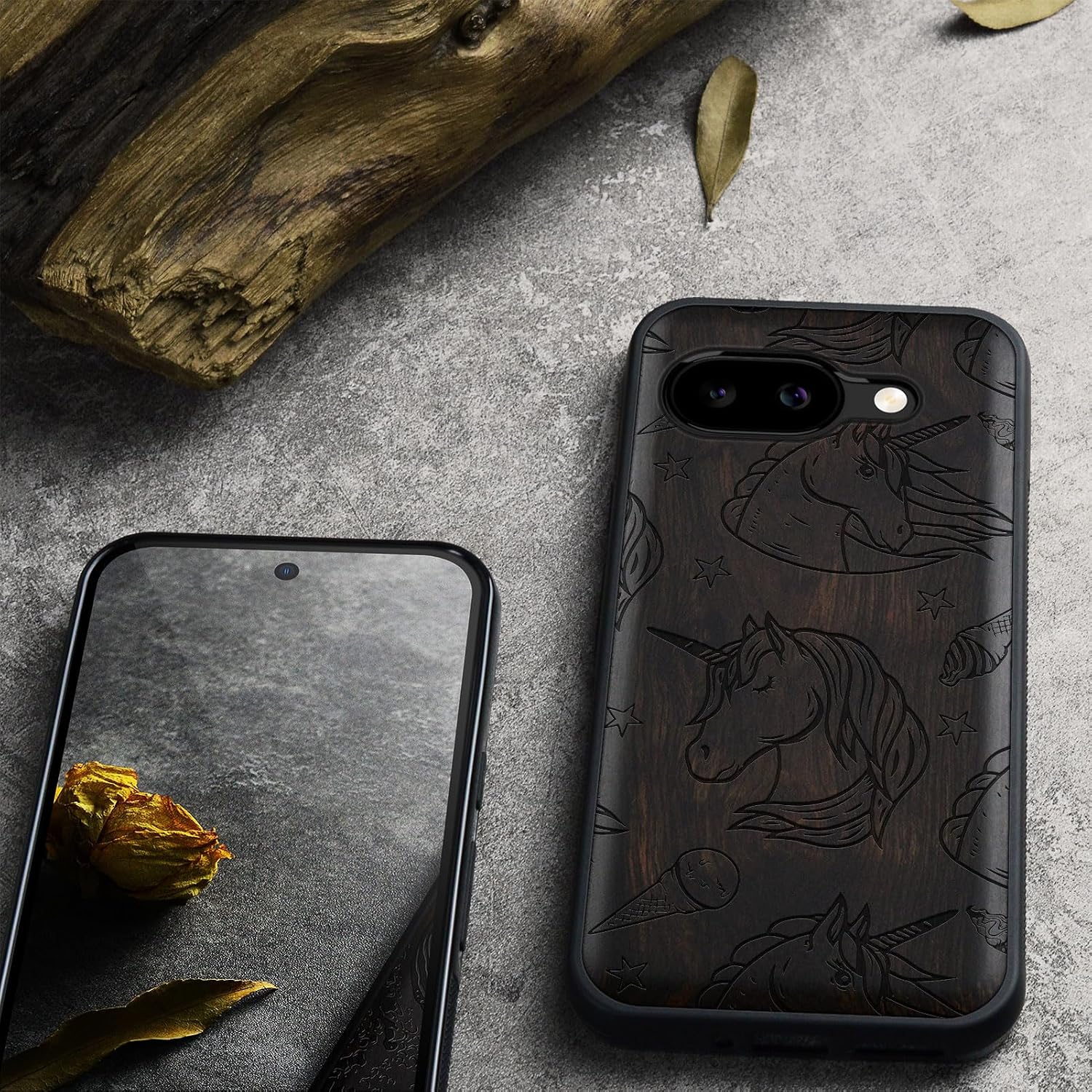 Carveit Magnetic Wooden Case for Google Pixel 9a Case, Wood Artisan Engraved & Soft TPU Shockproof Cover, Compatible with MagSafe Wireless Chargers (Unicorn Dream) Blackwood