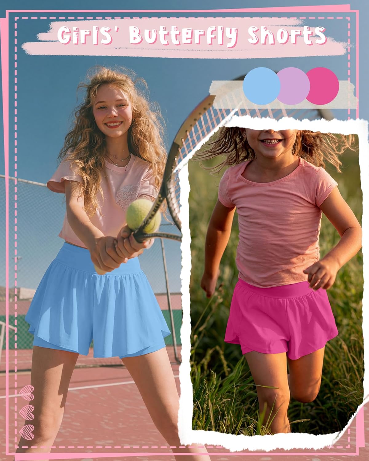 3 Pack Girls Flowy Athletic Shorts Butterfly 2 in 1 High Waist Skorts Quick Dry Tennis Shorts with Pockets 5-14y