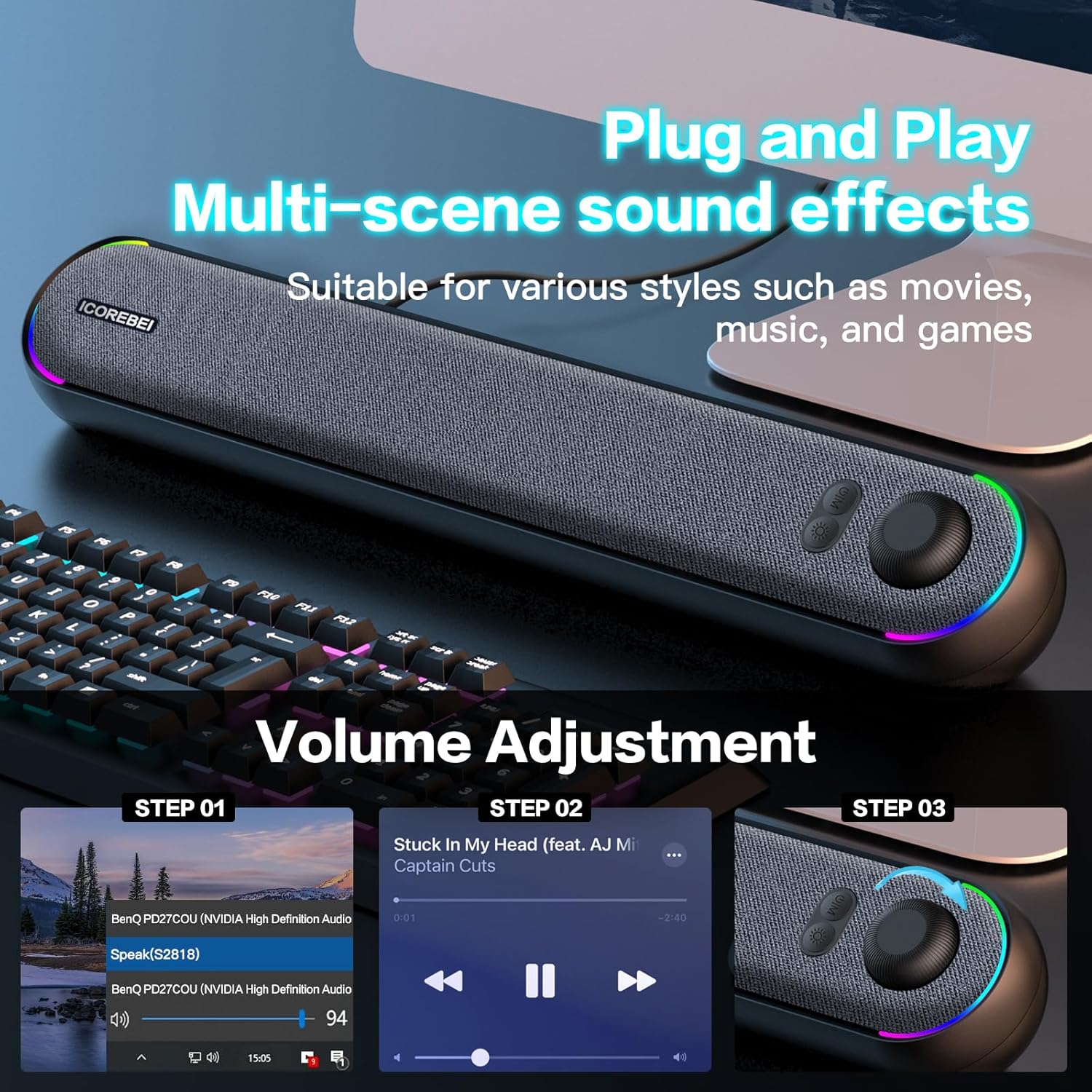 Desktop Computer Speakers, Stereo Soundbar, Bluetooth 5.3, USB/Type-C Power and Audio Transmission, Plug-and-Play, Compatible with PC, Mac, Laptops, Monitors, RGB Lighting, Wired Gaming Speakers 6 813eGuT5FsL. AC SL1500