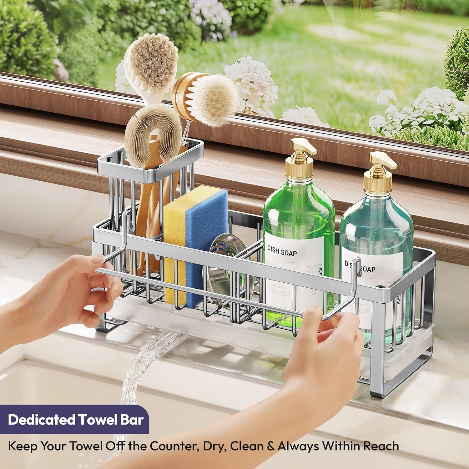 SWTYMIKI Sponge Holder for Kitchen Sink - Sink Caddy with Brush Holder Self-draining Sponge Caddy Organizer with Divider Stainless Steel Kitchen Accessories Storage for Countertop, Silver - Large