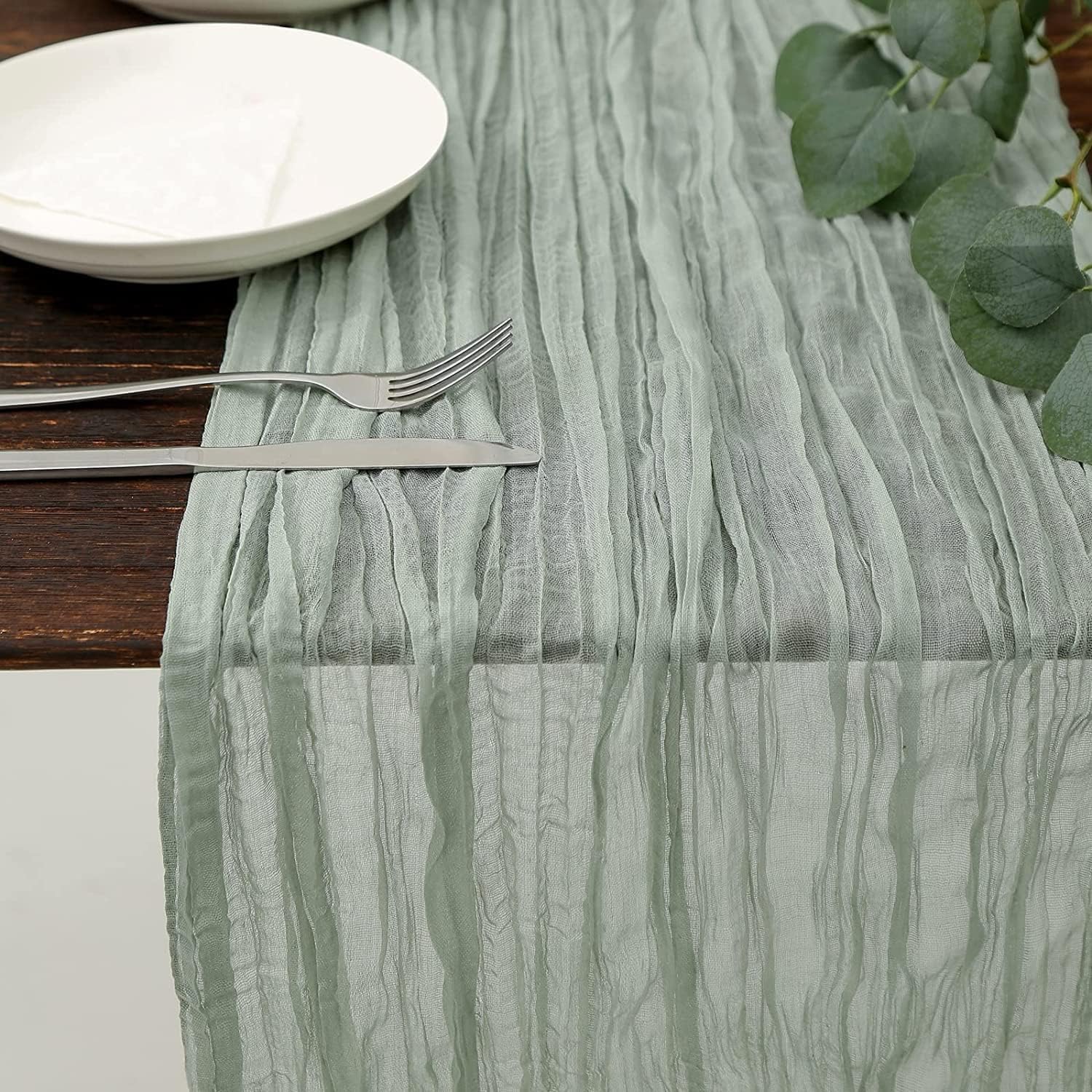 X Spring Table Runner - Cheesecloth, Wedding, Boho Gauze, Rustic Sheer Decor for Romantic Bridal Shower, Baby Shower, Birthday Party (90x300 Cm, Green)