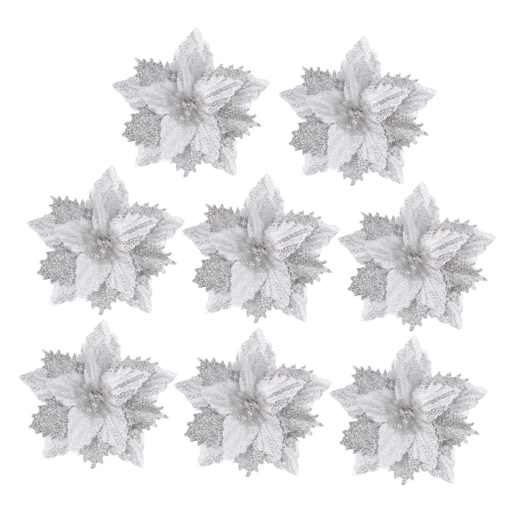 64 pcs Fleur de Noël Artificielle Fleur de Noël Fête Fleur Prop Poinsettia Fleurs Artificielles Noël Paillettes Fleurs Vacances Paillettes Poudre Fleurs Artificielles Arbre de Noël