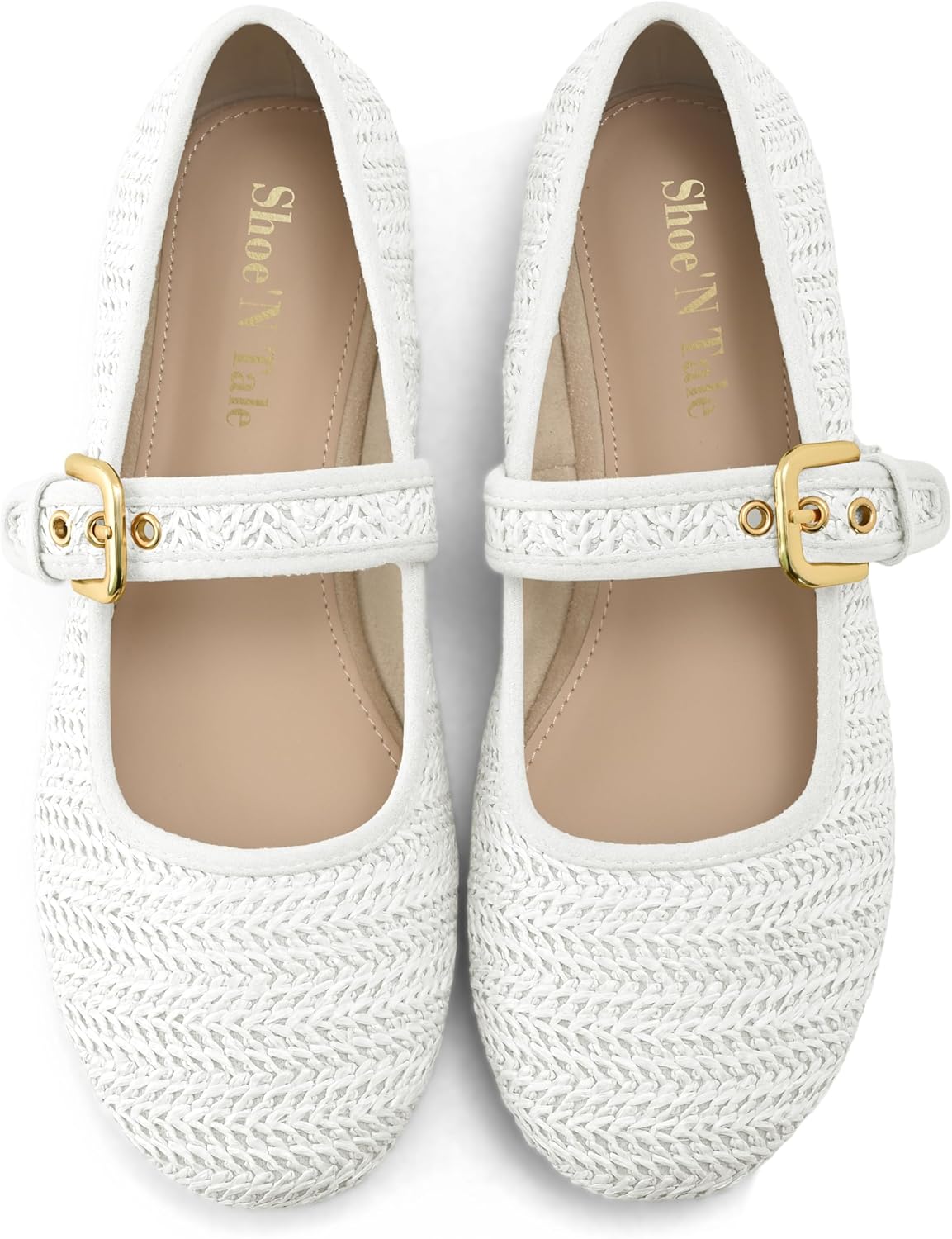 Shoe'N Tale Raffia Ballet Flats for Women Round Toe Woven Mary Jane Shoes with Buckle Strap for Daily Casual Dress Comfortable Flats