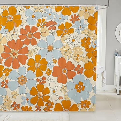 Castle Fairy Cortina de baño hippie floral retro de los años 70 y 60, cortina de ducha de verano para niños y niños, tela impermeable con ganchos