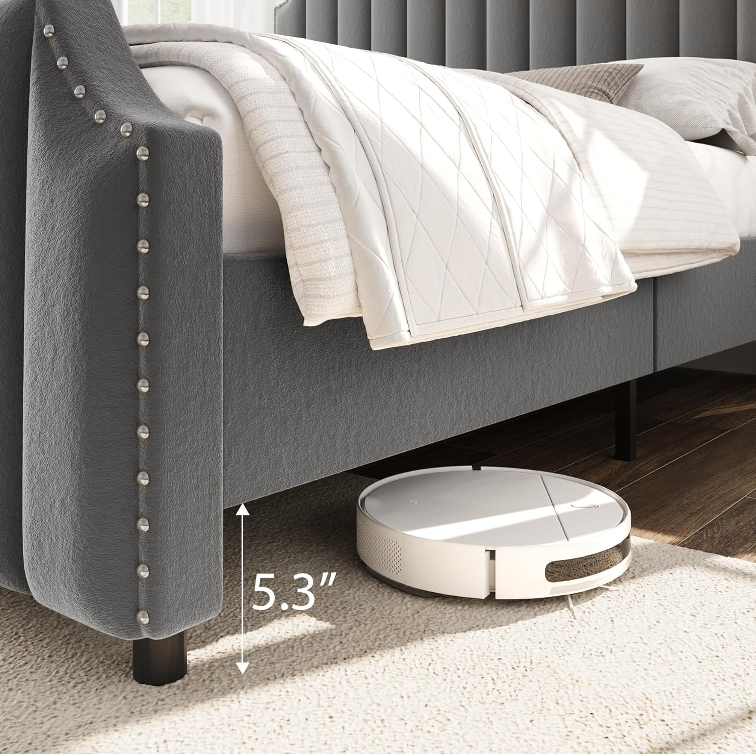 IDEALHOUSE King Size Platform Bed Frame with 50.2" Headboard, Velvet Upholstered Bed Frame King with Vertical Channel Tufted Headboard & Footboard, Nailhead Trim, No Box Spring Needed, Grey Grey King