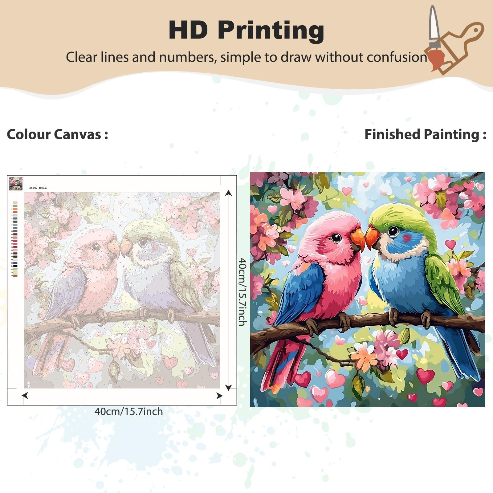 MEIYUDA Peinture par Numero Adulte Couple d'oiseaux Kit, Pinceaux Peinture de Dessin de, Loisirs Créatifs Adultes Decoration Maison Cadeau 40x40cm(sans Cadre MEIYUDA Peinture par Numero Adulte Couple d'oiseaux Kit, Pinceaux Peinture de Dessin de, Loisirs Créatifs Adultes Decoration Maison Cadeau 40x40cm(sans Cadre