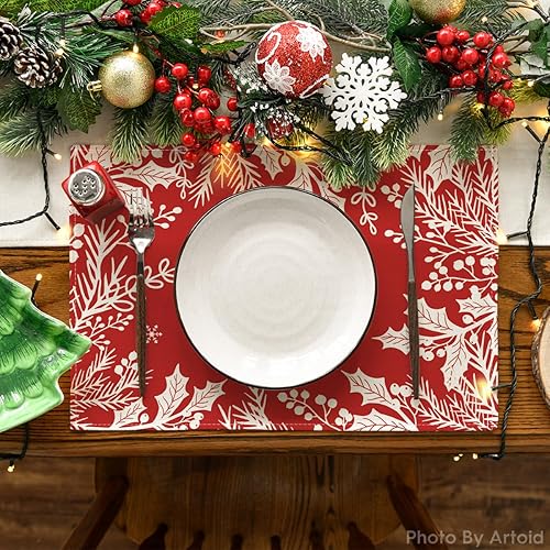 Miniatura 2 de Artoid Mode Juego de 4 manteles individuales de Navidad con ramas de pino y hojas de acebo, 12 x 18 pulgadas, manteles individuales de invierno para