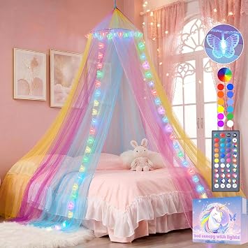 Rainbow Bed Canopy with Lights for Girls Bedroom, 34 Colors Canopy Bed Curtains with Color Changing Butterflies Lights Princess Canopy Remote Timer for Kids Tent Twin Full Queen King Size Bed