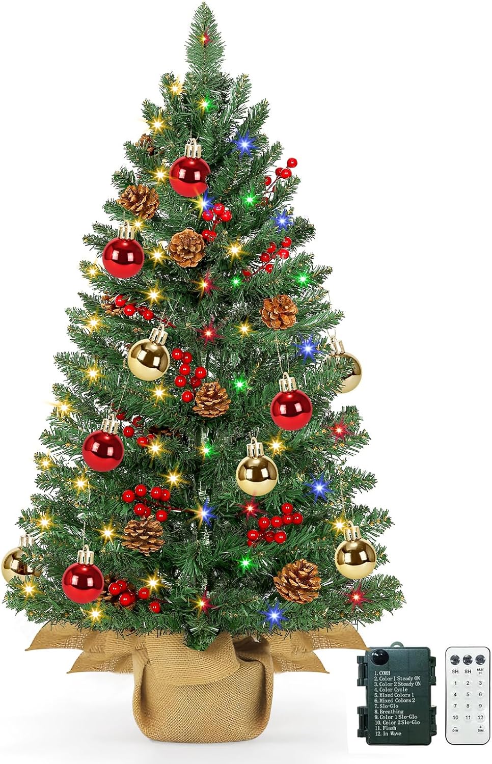 [12 Modes & Timer] 3 Ft Christmas Tree, Artificial Tabletop Christmas Tree with 70 Warm White & Muliti Lights Pine Cones Red Berried Balls Burlap Base Battery Xmas Tree Home Christmas Decorations