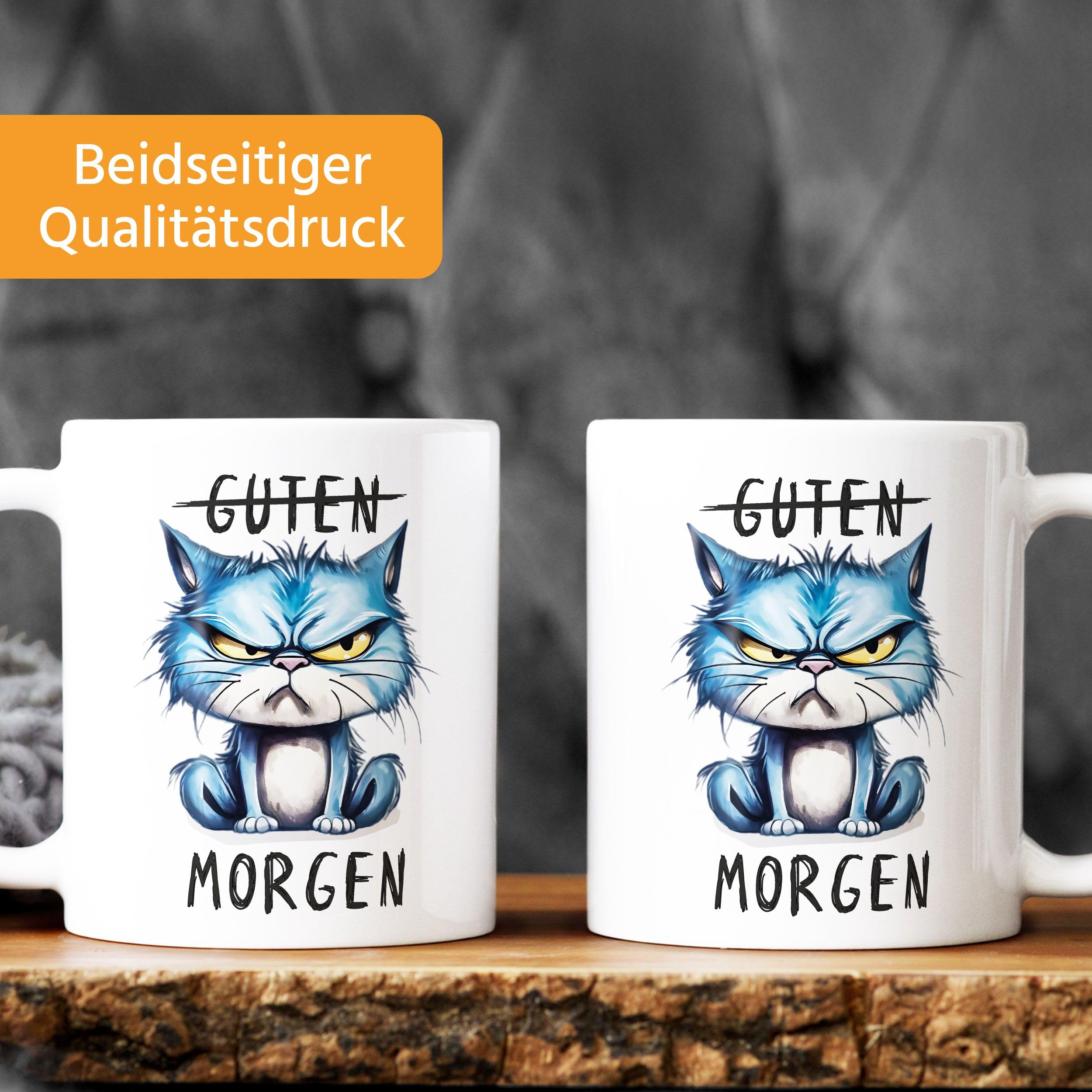 MoonWorks Morgenmuffel-Katzen Tasse – Lustiger Spruch 'Guten Morgen MiMimi', Personalisierbar, 325 Ml, Weiß-schwarz