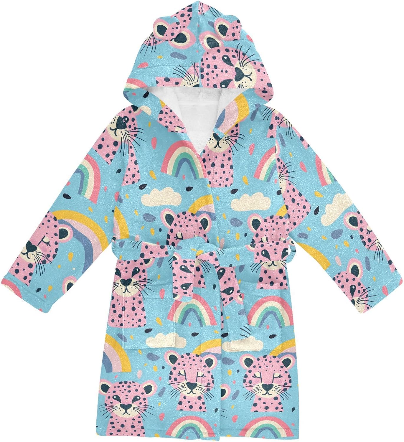 senya Leopard and Rainbow Toddler Hooded Bathrobe Kids Soft Plush Bath Towel Robes for Boys Girls 2-12 Years