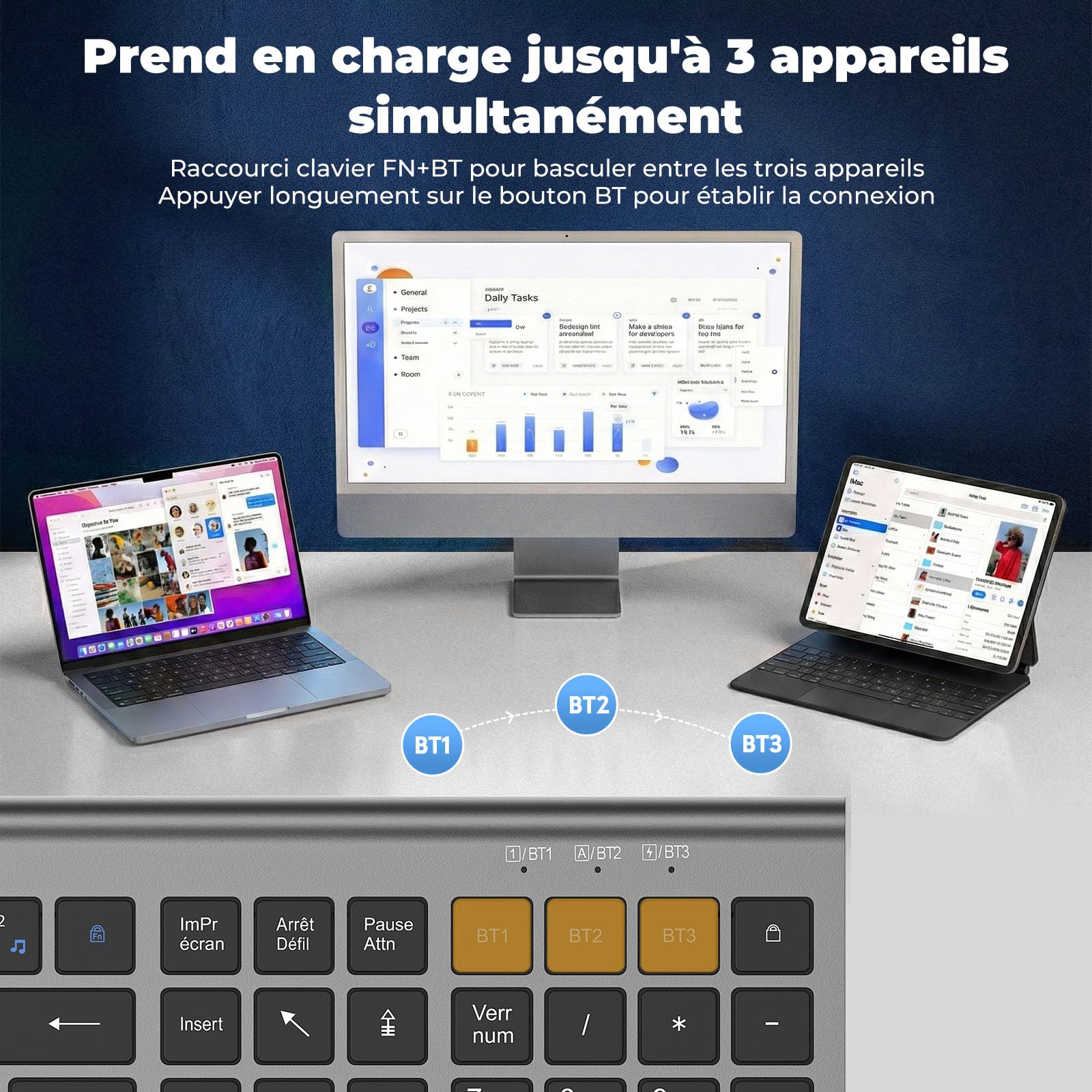 cimetech Clavier sans Fil Silencieux Bluetooth(BT1+BT2+BT3), Clavier Rechargeable, Ultra-Fin, AZERTY Français, avec Pavé Numérique, pour MacOS/iOS/Android/Windows/PC/Ordinateur/Portable-Gris Noir