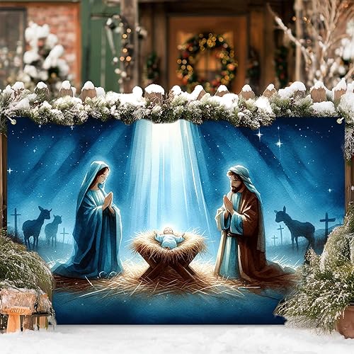 Miniatura 7 de Fondo de escena de pesebre de 71 x 43 pulgadas, pancarta religiosa cristiana para iglesia, interior y exterior, telón de fondo de fotos de Navidad,