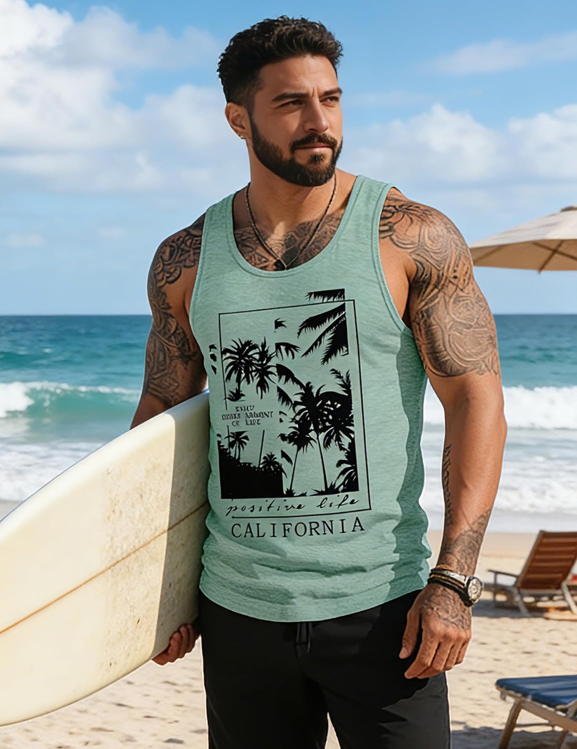 Mens Graphic Tank Tops Sleeveless Muscle Shirts Beach Palm Tree Hawaiian Gym Workout Tanks - Image 3