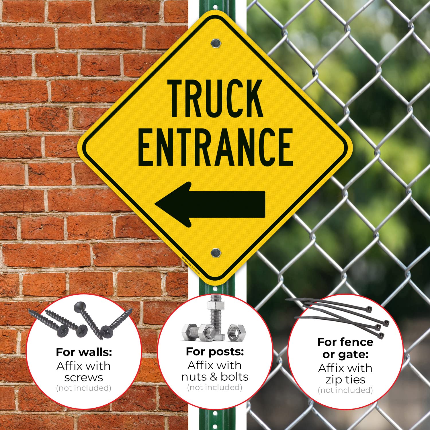 Truck Entrance with Left Arrow Sign, 18x18 Inches, 3M AEGP Reflective.063 Aluminum, Fade Resistant, Made in USA