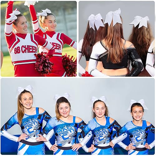 Miniatura 6 de Yunlly 50 lazos blancos de animadora de 8 pulgadas, lazos grandes para el pelo para animadoras, cola de caballo, banda elástica, lazos para el