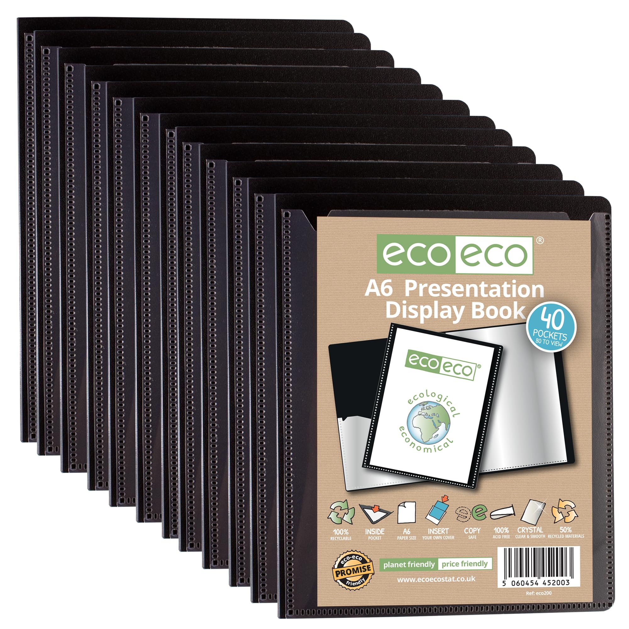eco-eco A6 Size 50 Percent Recycled 40 Pocket Black Presentation Display Book, Storage Case Portfolio Art Folder with Plastic Sleeves, Pack of 12 Folders, eco200x12