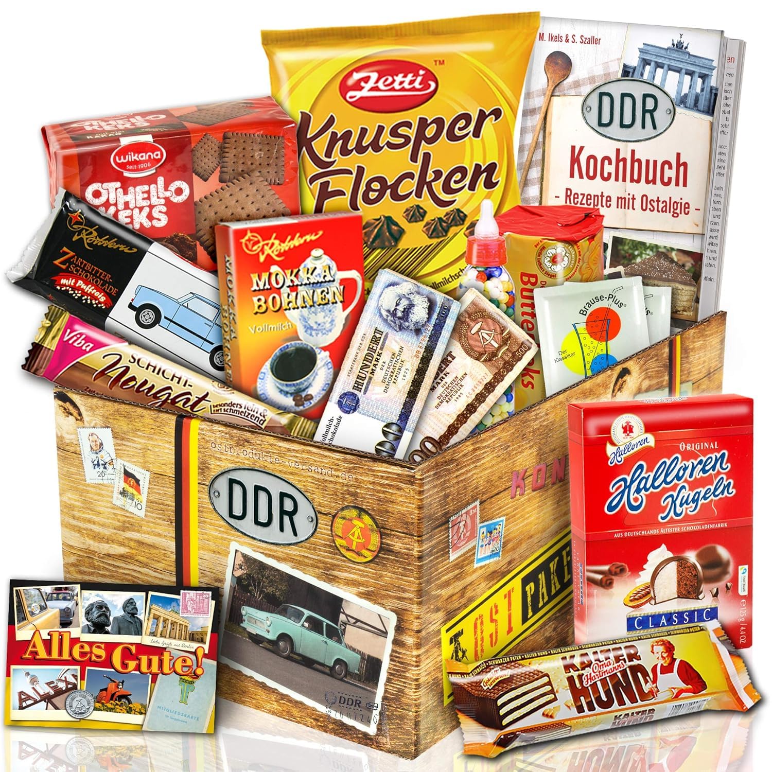 Süssigkeiten Box mit Waren aus dem Osten - Geschenk zum Geburtstag | Geschenkbox XL für Freunde & Männer & Herzensmenschen mit Zetti, Halloren, Viba, Kochbuch uvm