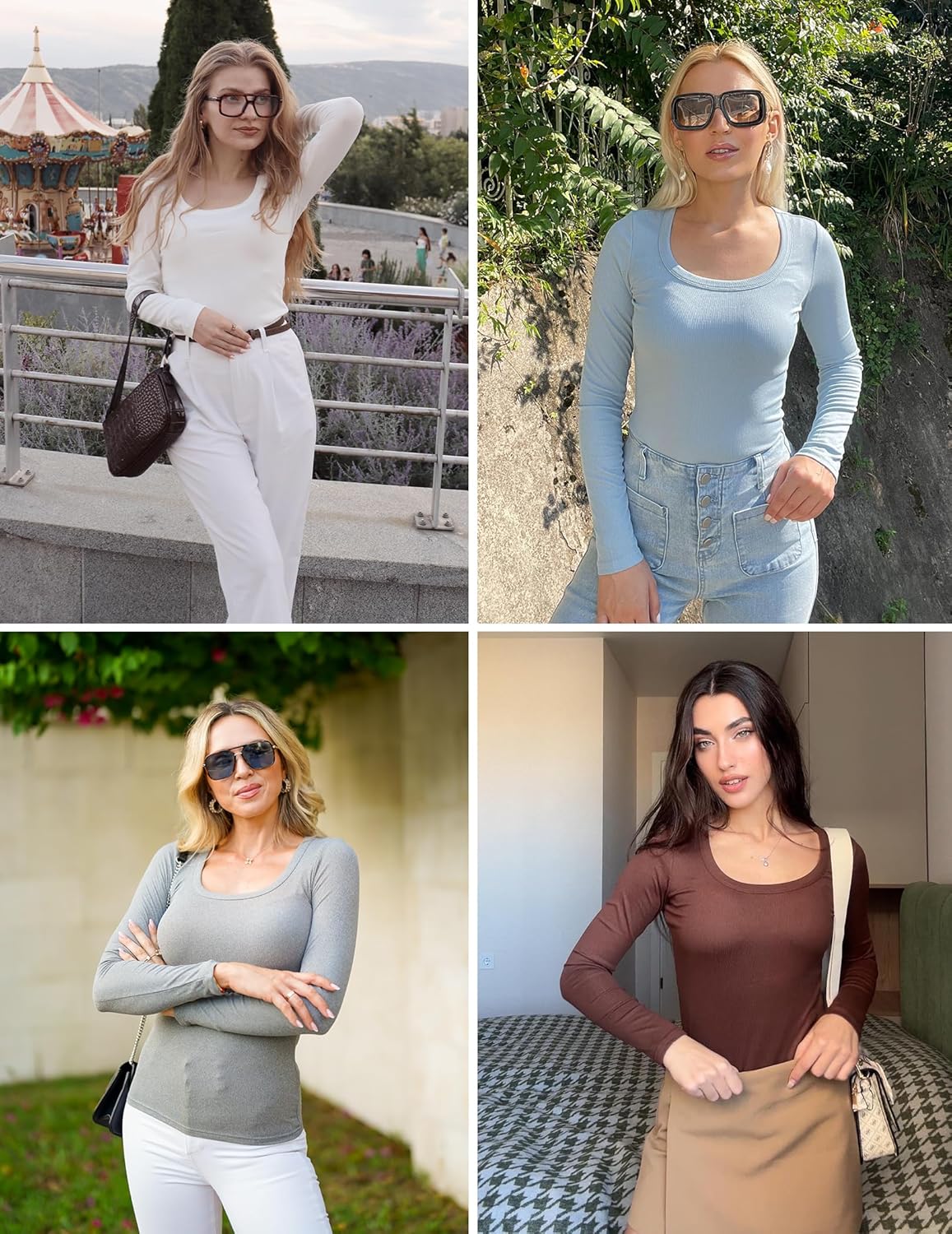 Ekouaer Womens Long Sleeve Shirts Square Neck Slim Fit Basic Tops Ribbed Thermal Undershirts Layering Tee - Image 6