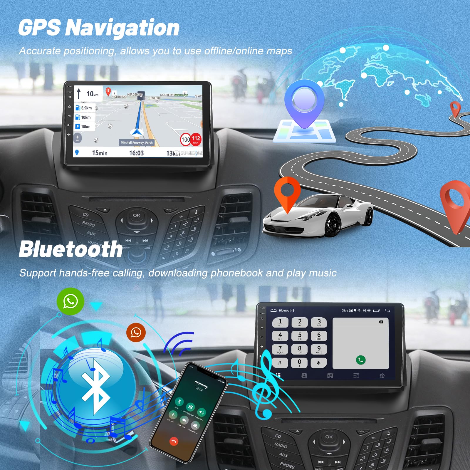 [2+64GB] Android Radio de Coche para Ford Fiesta 2009-2014, 9 Pulgadas Estéreo del Coche con Pantalla Táctil Wirelss CarPlay y Android Auto, WiFi, GPS, Radio FM RDS, Cámara de Marcha Atrás