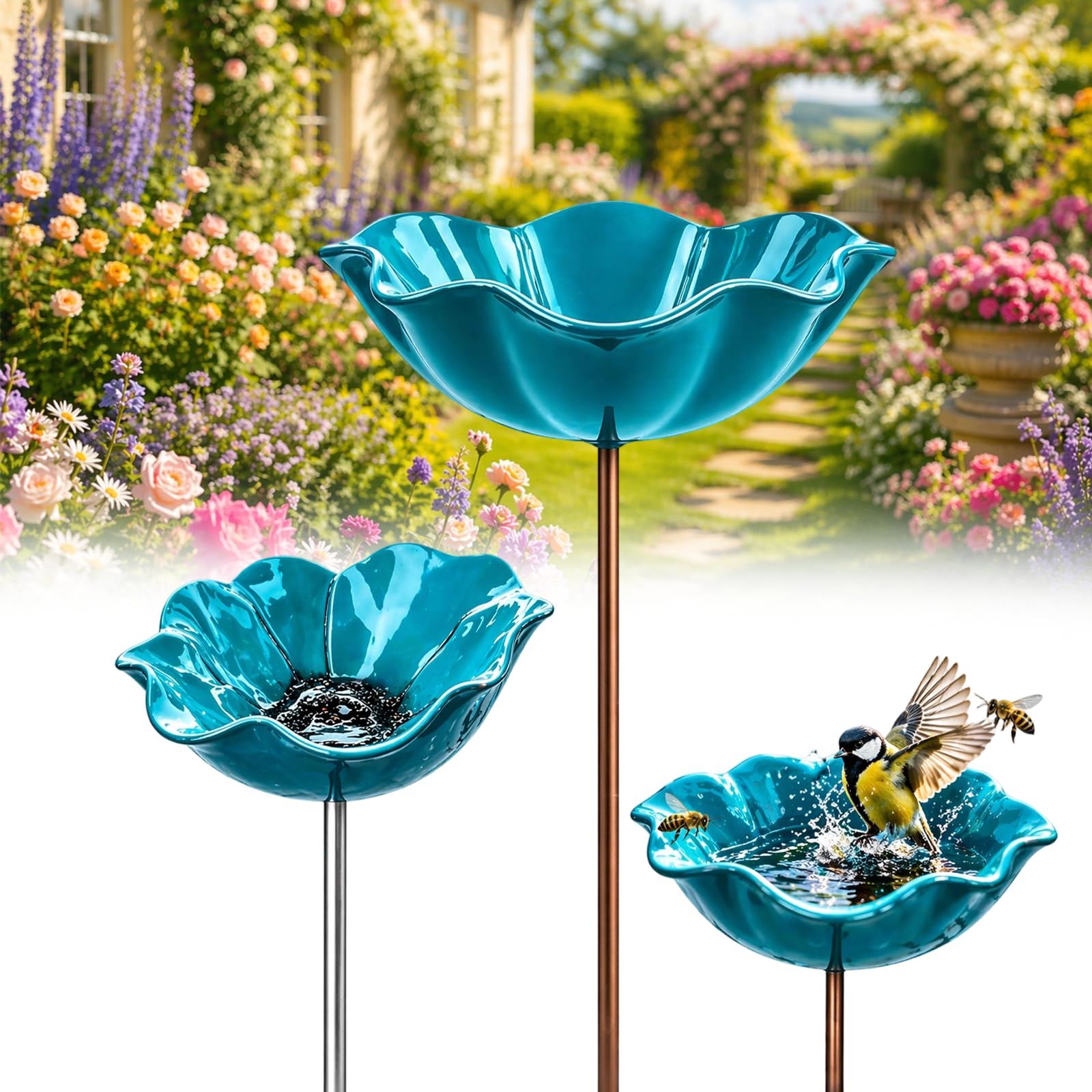 Handmade Metal Flower Garden Stake Bird Bath Bowl - Weather-Resistant Bee Watering Station & Flower Bird Feeder, Decorative Outdoor Metal Flowers for Yard Lawn Patio Decor (Sky)