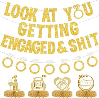 Look At You Getting Engaged & Sh*t Banner Gold Glitter, Engaged Banner Garland Centerpiece, Engagement Party Decorations, Engaged Decorations for Wedding Brial Shower Party Supplies Friends