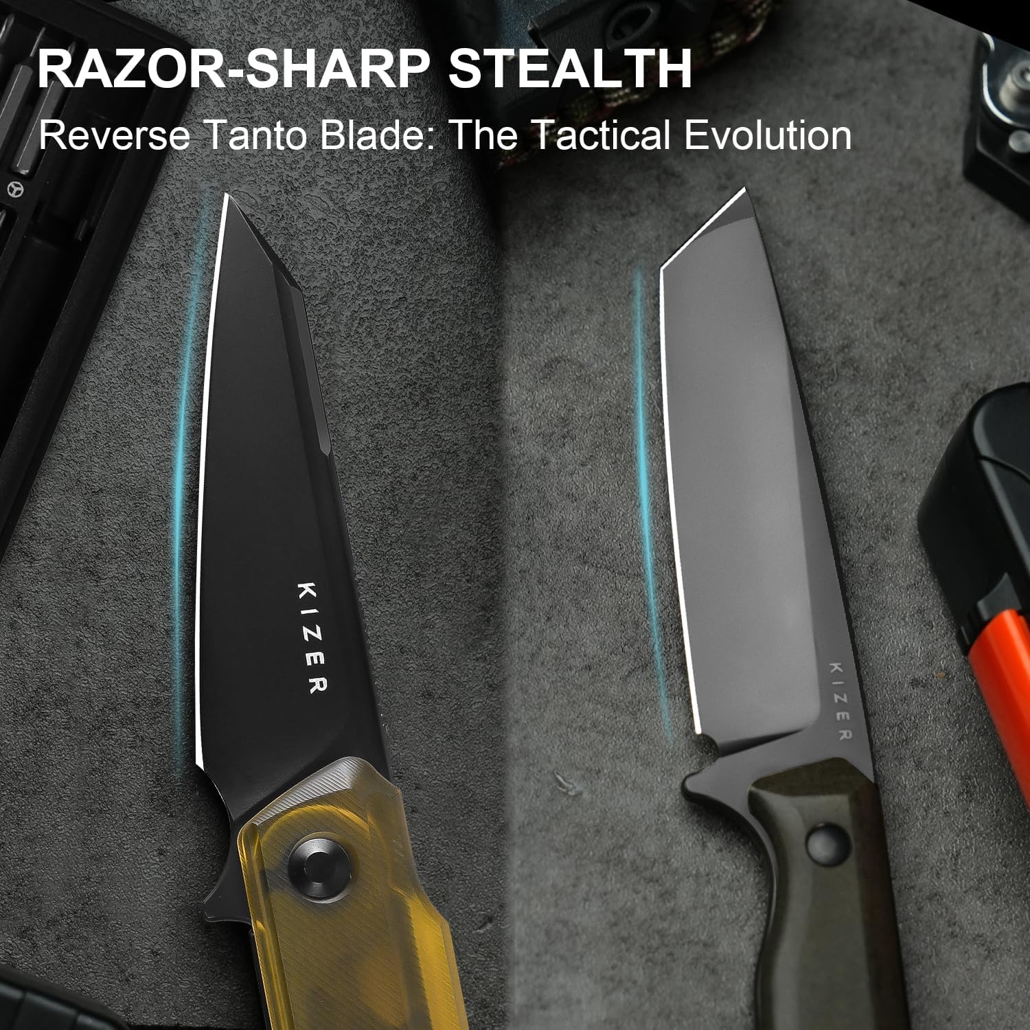 Kizer SKINNER Pocket Knife, 3.32" Nitro-V Reverse Tanto Blade Folding Knife with Yellow PEI Handle, Liner Lock EDC Knives with Reversible Clip for Men Women V3725A1