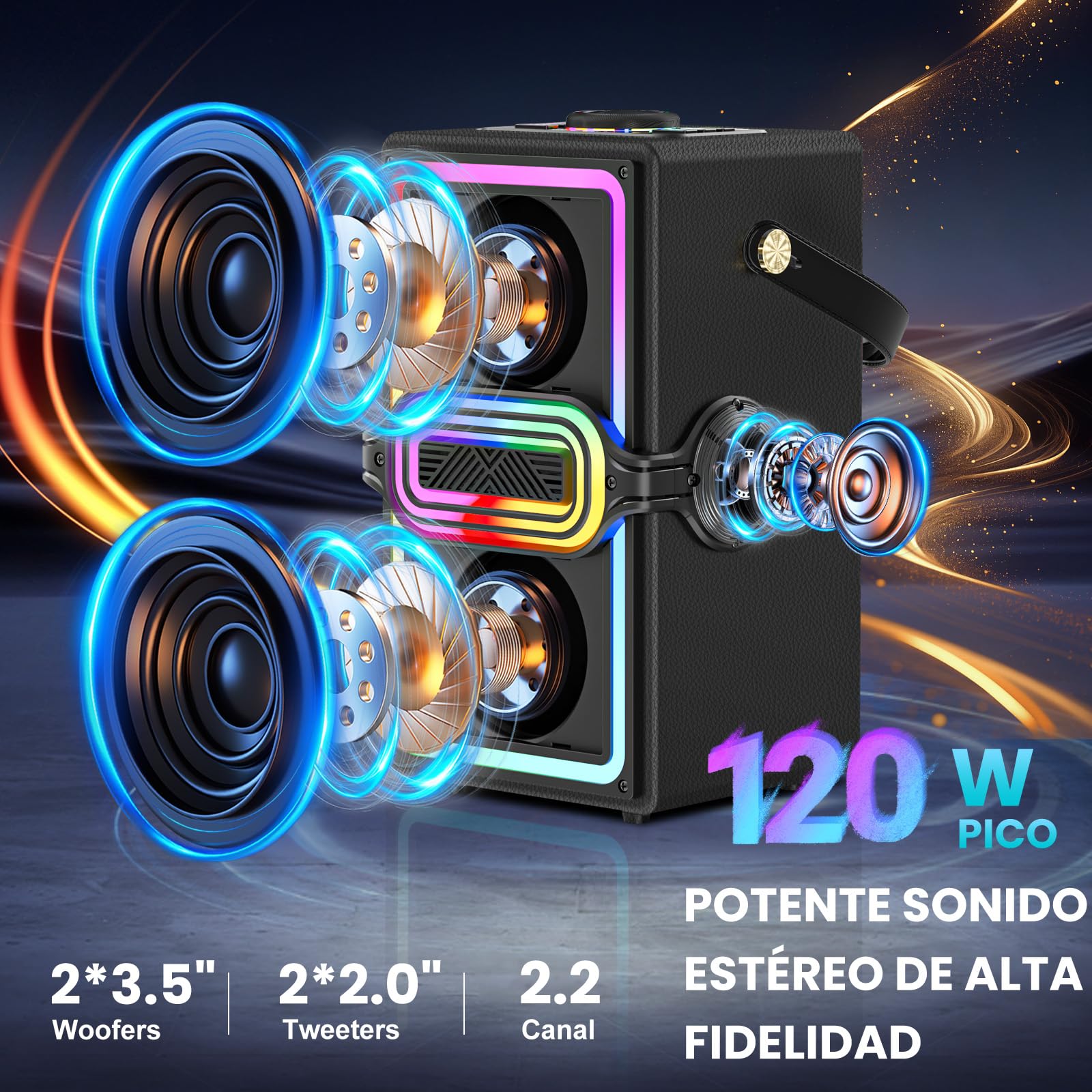 Altavoz Bluetooth, 120 W de Pico inalámbrico TWS, Altavoces portátiles para Fiestas al Aire Libre con subwoofer, Graves Profundos, Luces LED Coloridas, para el hogar, Camping (Negro)
