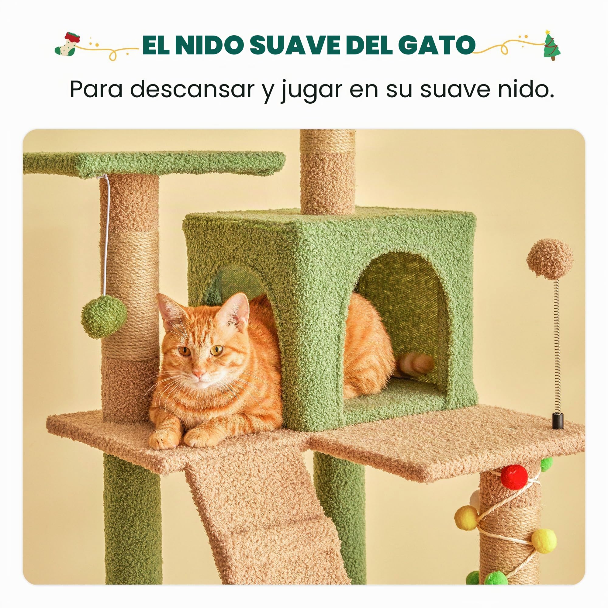 Árbol para Gatos Green, Torre de Varios Niveles de 163 cm para Gatos de Interior con Postes rascadores Recubiertos de sisal, Plataforma Acolchada, Hamaca acogedora y Juguetes Colgantes.