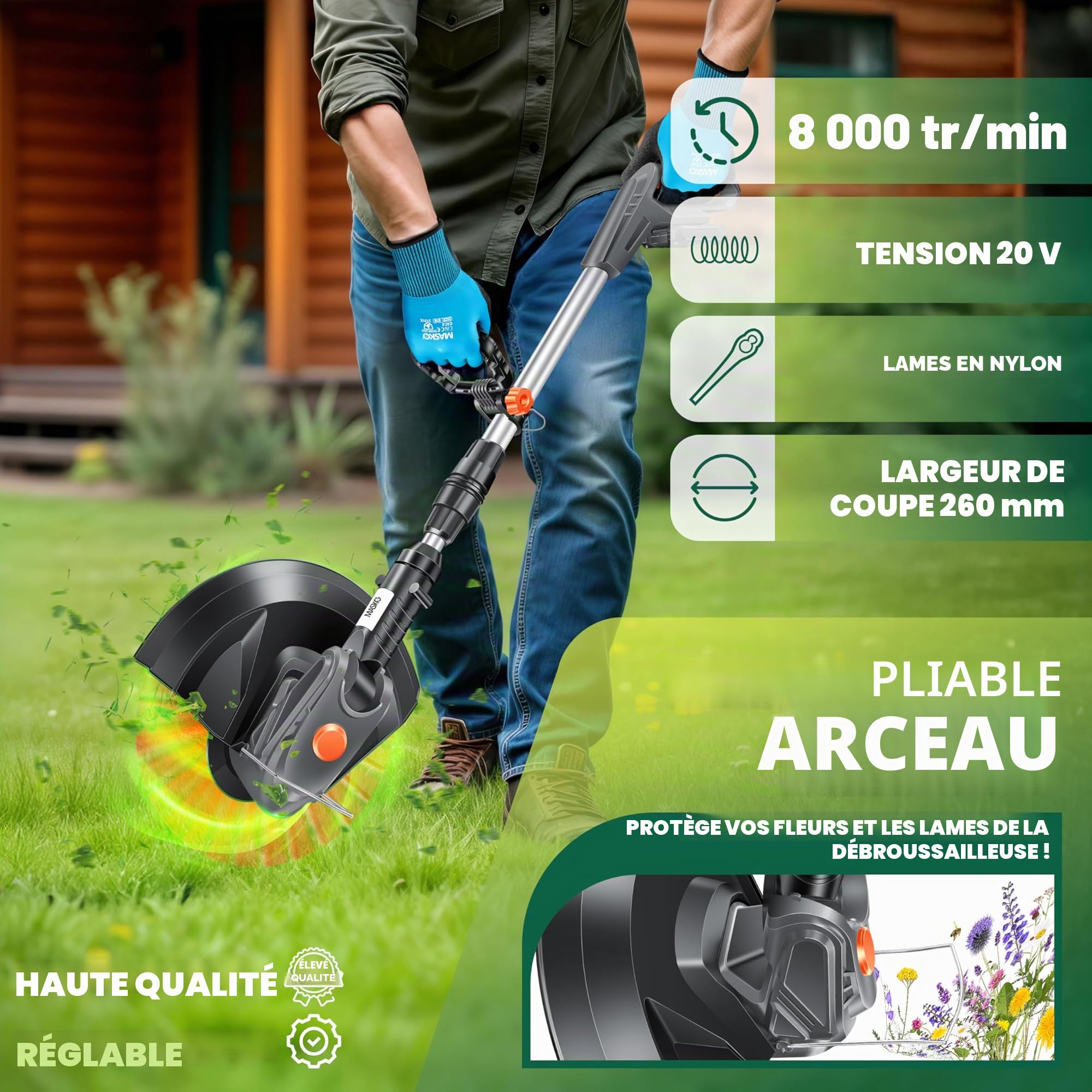 Débroussailleuse sans Fil MASKO® avec Batterie Li-ION 20 V, Batterie 2,0 Ah et Chargeur, Largeur de Coupe 260 mm, Angle de Coupe 180°, Manche télescopique et poignée supplémentaire + Accessoires
