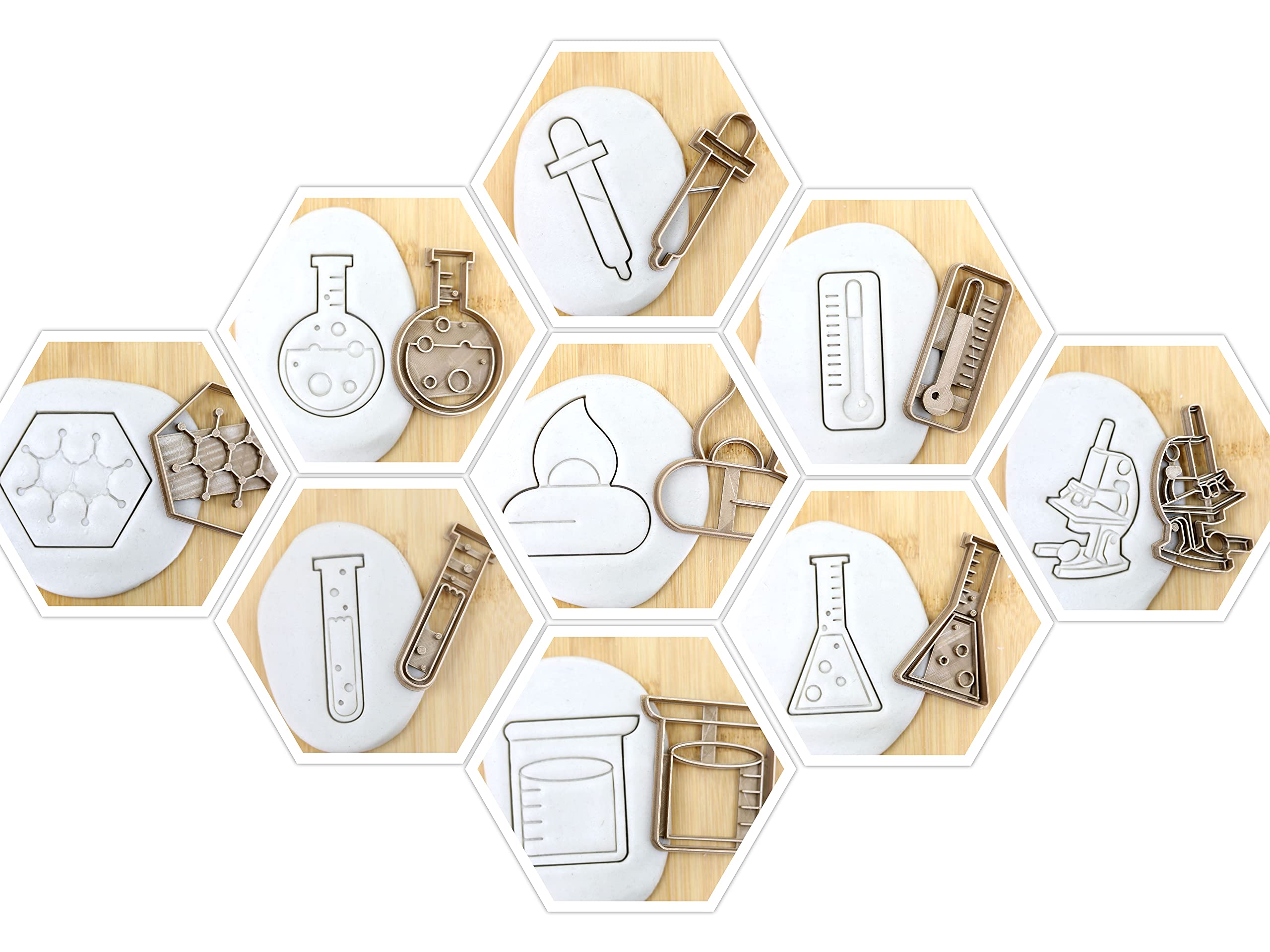 Labor/Chemie Set (9st) Laborglas/Pipette/Messbecher/Molekül/Thermometer/Stehkolben/Mikroskop/Erlenmeyer/Cookie Cutter Fondant Keksstempel/Ausstechform Keksausstecher Plätzchen ca. 8cm