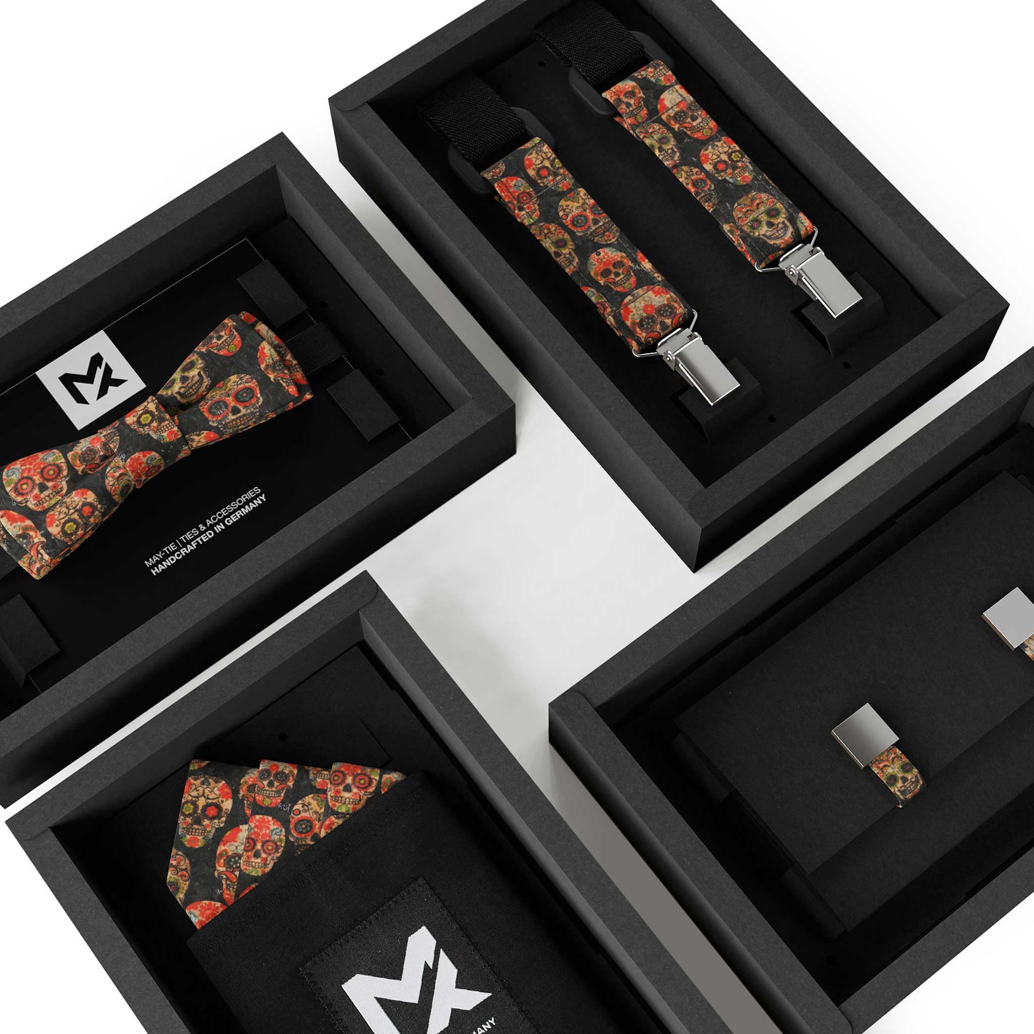 Made in Germany | Cravatta a farfalla MAY-TIE | 100% sughero | Style: Black Scull | SLIM SHAPE | legata e regolabile senza limiti con gancio di fissaggio | Uomo