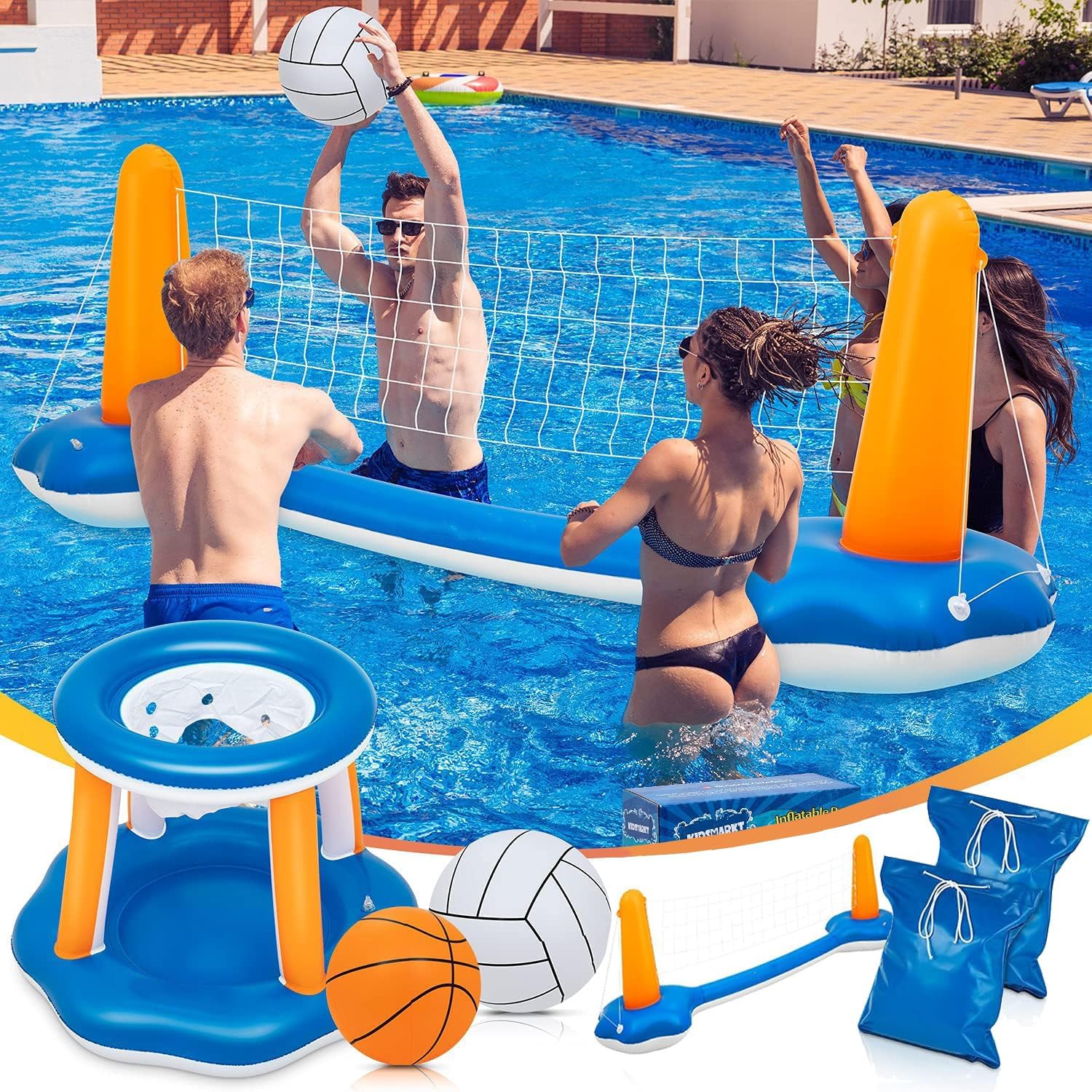 SKADE Inflatable Pool Games Volleyball Net Sets, Summer Floating Party Swimming Game Toys for Adults, Teens, and Family. Volleyball Court (300 X 95cm) Basketball Hoop