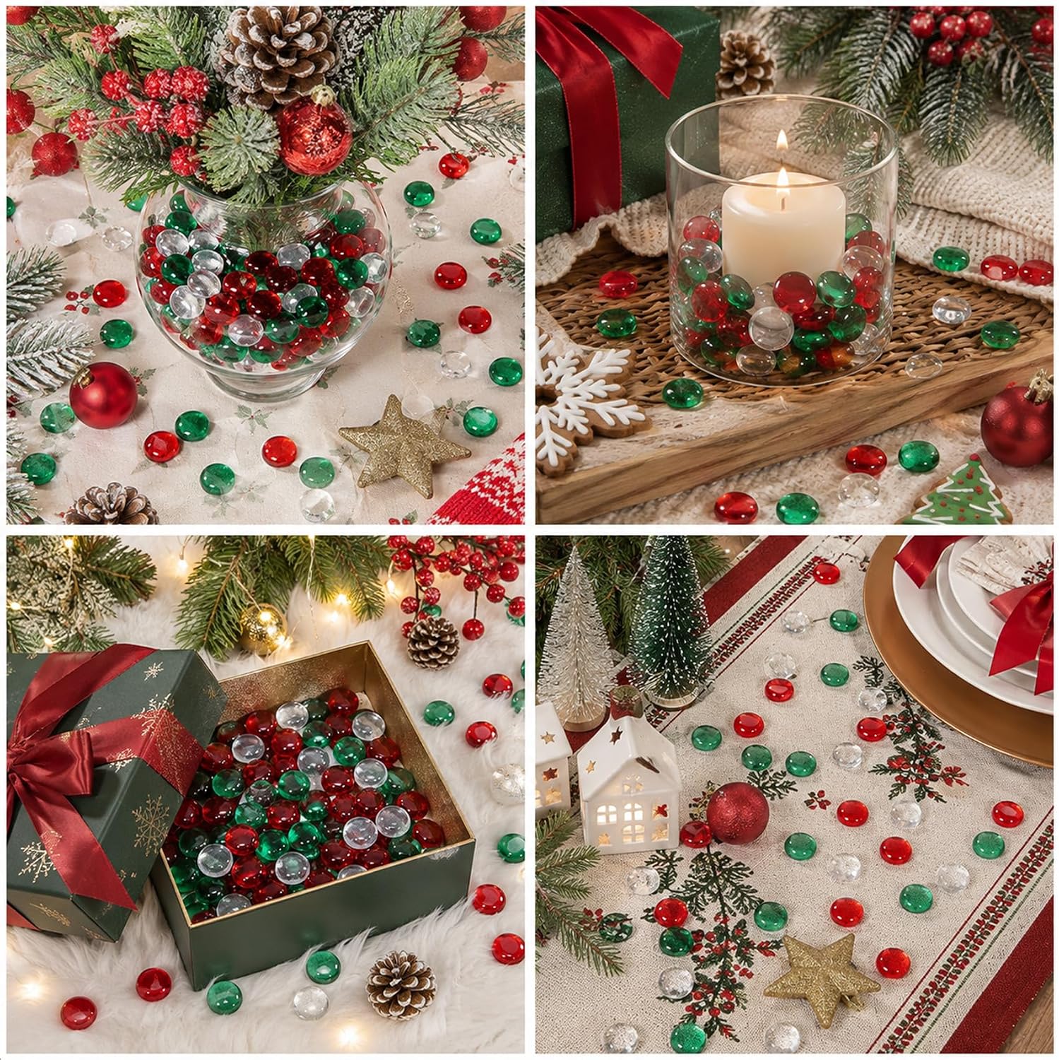 Flat Glass Beads, 150PCS Flat Glass Marbles Stones Christmas Red Green Gems
