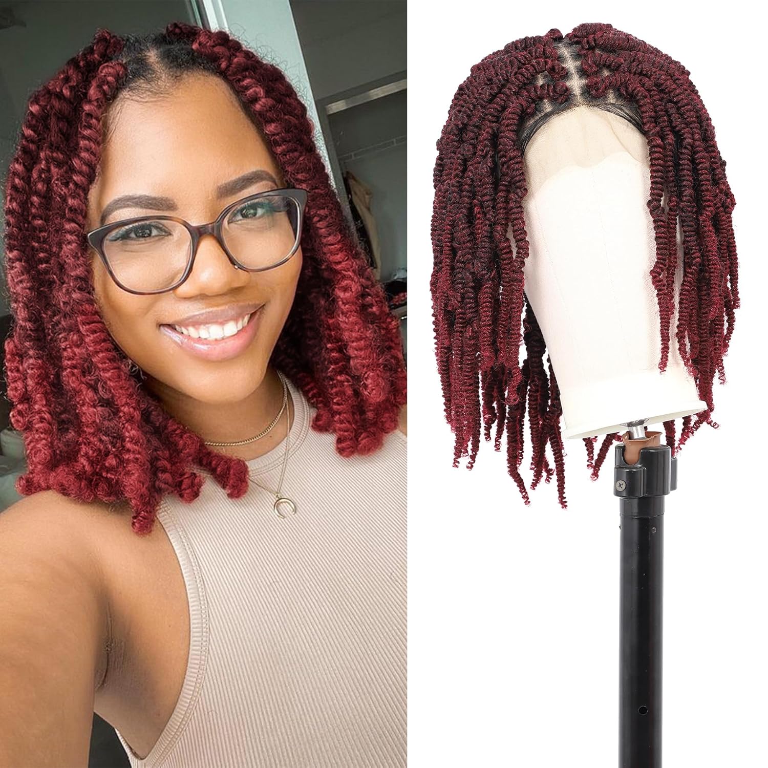 12" Twist Short Knotless Braided Wigs Twisted Wigs For Women Full Double Lace Braids Wigs Human Hair Blended Lace Front Burgundy Bob Braid Wigs With Baby Hair Burgundy 12 Inch