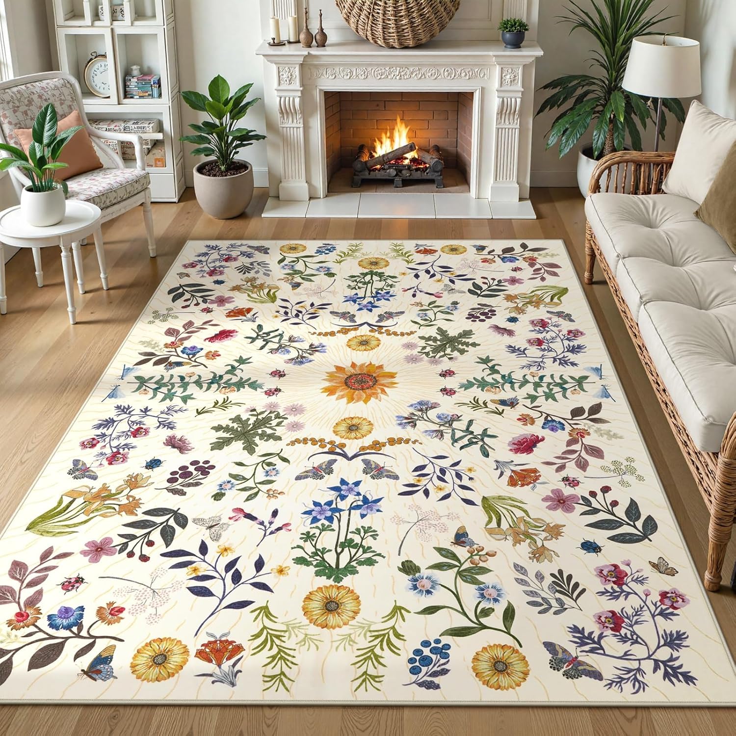 livebox beige washable 8x10 area rugs for living room, non slip soft rugs for bedroom, sunflower botanical floral indoor throw dining room boho carpet for under table nursery room playroom 8x10 beige